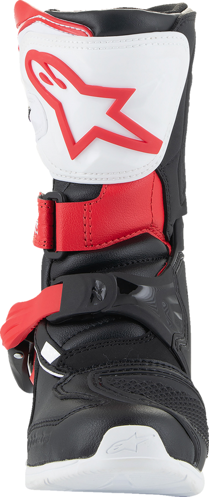 Alpinestars Kids Tech 3S motorcycle boots in red, black, and white, size US 1 / EU 33, featuring protective design and branding.
