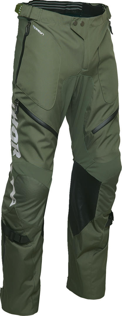 THOR Terrain over-the-boot pants in army/charcoal color, US size 32, featuring durable fabric and tactical design.