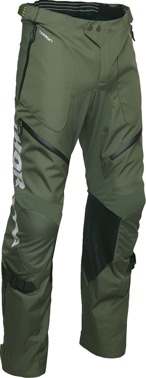 THOR Terrain over-the-boot pants in army/charcoal color, US size 40, with durable fabric and tactical design for outdoor activities.