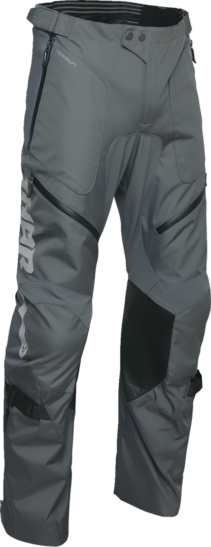THOR Terrain over-the-boot motorcycle riding pants in charcoal, size US 38, featuring durable protective gear and rugged design.