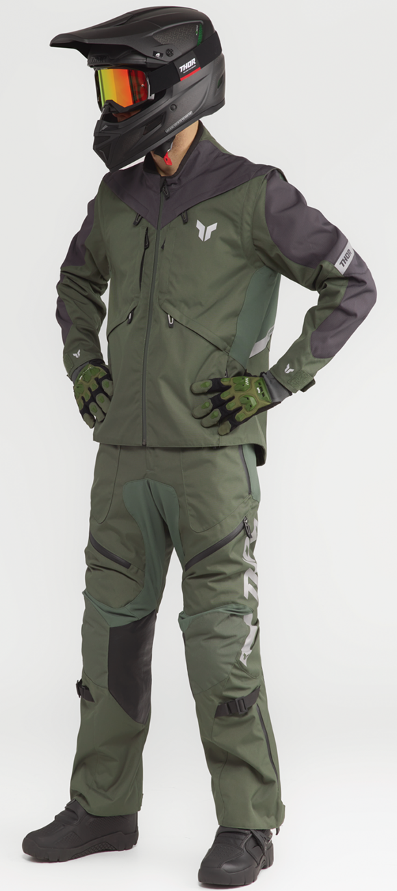 THOR Terrain over-the-boot motorcycle riding pants in army/charcoal with reinforced knee panels and durable fabric, US size 36.