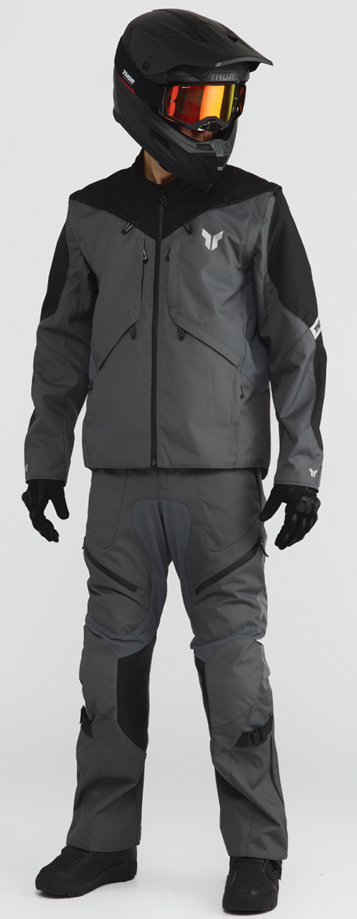 THOR Terrain over-the-boot pants in charcoal, US size 34, shown with durable fabric and adjustable waist for motocross riding.