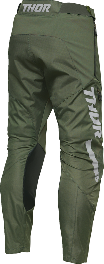 THOR Terrain In-the-Boot Pants in Army/Charcoal, US Size 46, with reinforced knees and adjustable waist, designed for rugged outdoor wear.