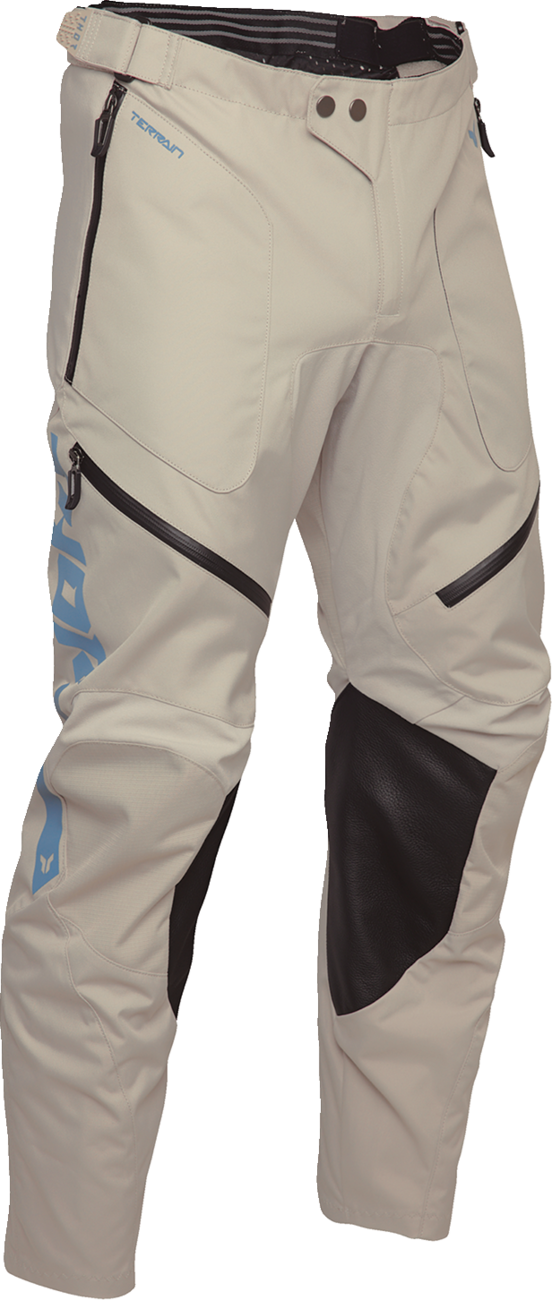 THOR Terrain In-the-Boot Pants in sand color, US size 38, durable motocross riding pants with reinforced knees and adjustable waist
