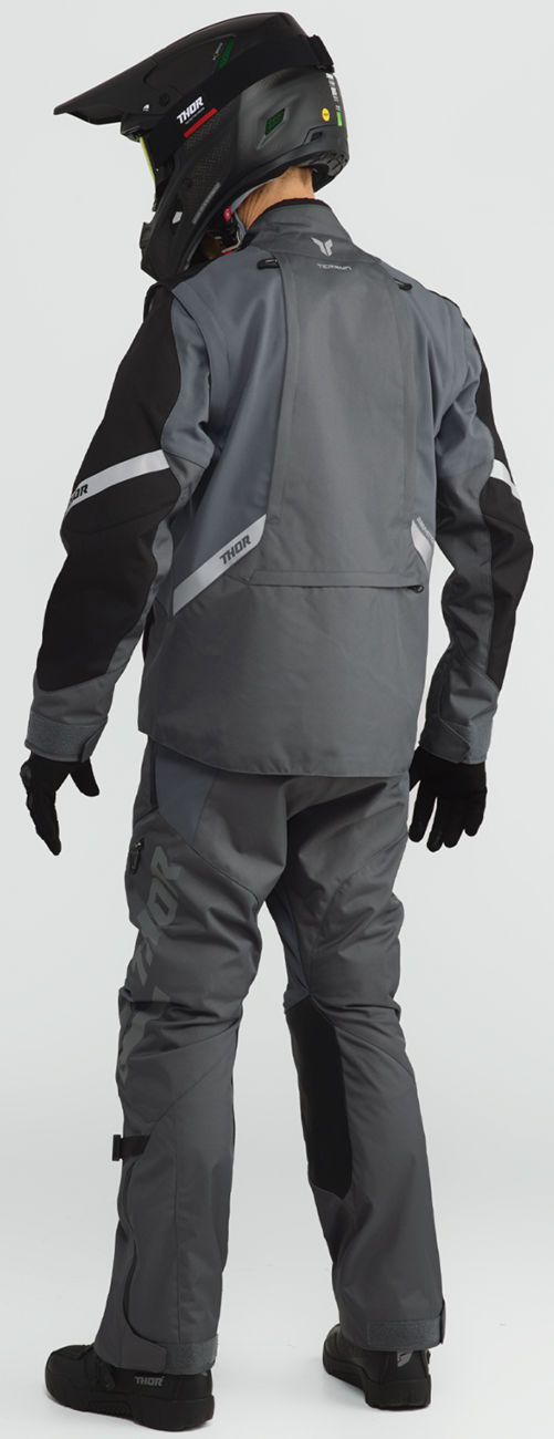 THOR Terrain over-the-boot pants in charcoal, US size 32, showing durable fabric and casual outdoor style.