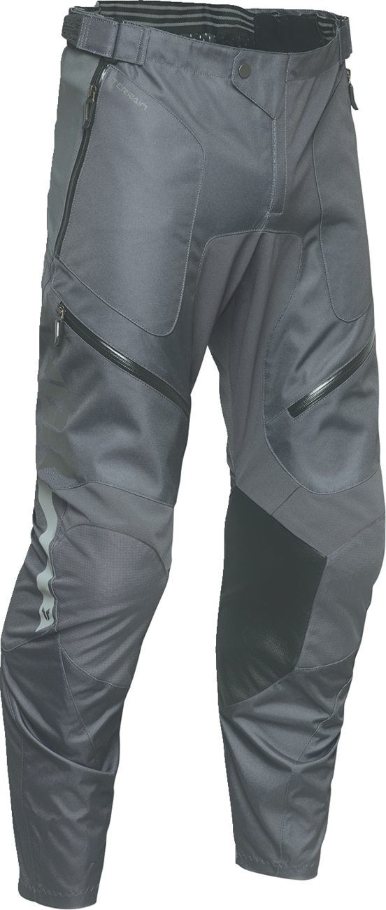 THOR Terrain In-the-Boot Pants in charcoal with waterproof zippers and durable construction, US size 34, designed for outdoor activity.