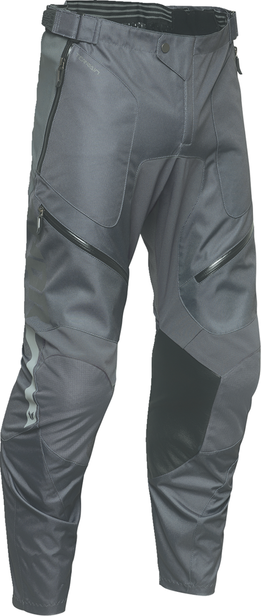 THOR Terrain In-the-Boot Motorcycle Pants in charcoal, US size 46, showcasing durable riding gear design with reinforced areas.