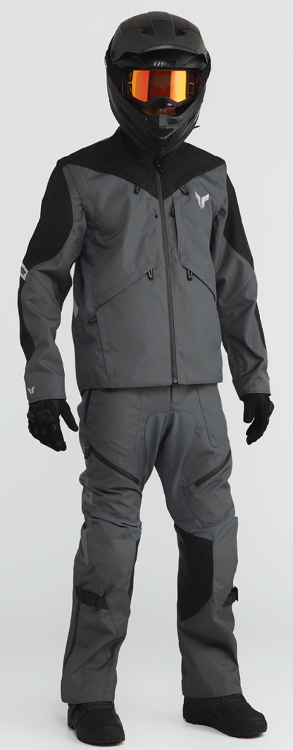 THOR Terrain over-the-boot riding pants in charcoal, US size 32, with durable fabric and reinforced knee areas.