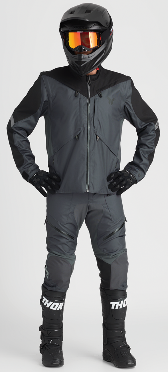 THOR Terrain in-the-boot motocross pants in charcoal, US size 38, featuring durable fabric and reinforced knee areas.