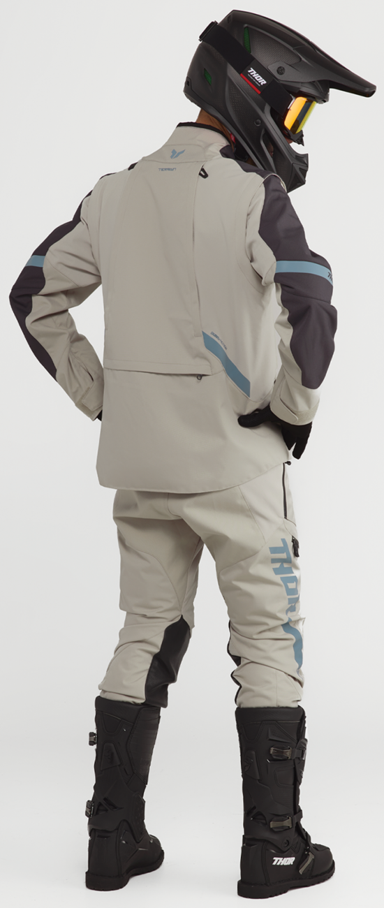 THOR Terrain In-the-Boot Pants in sand color, US size 44, featuring durable motorcycle riding gear with reinforced knee areas.