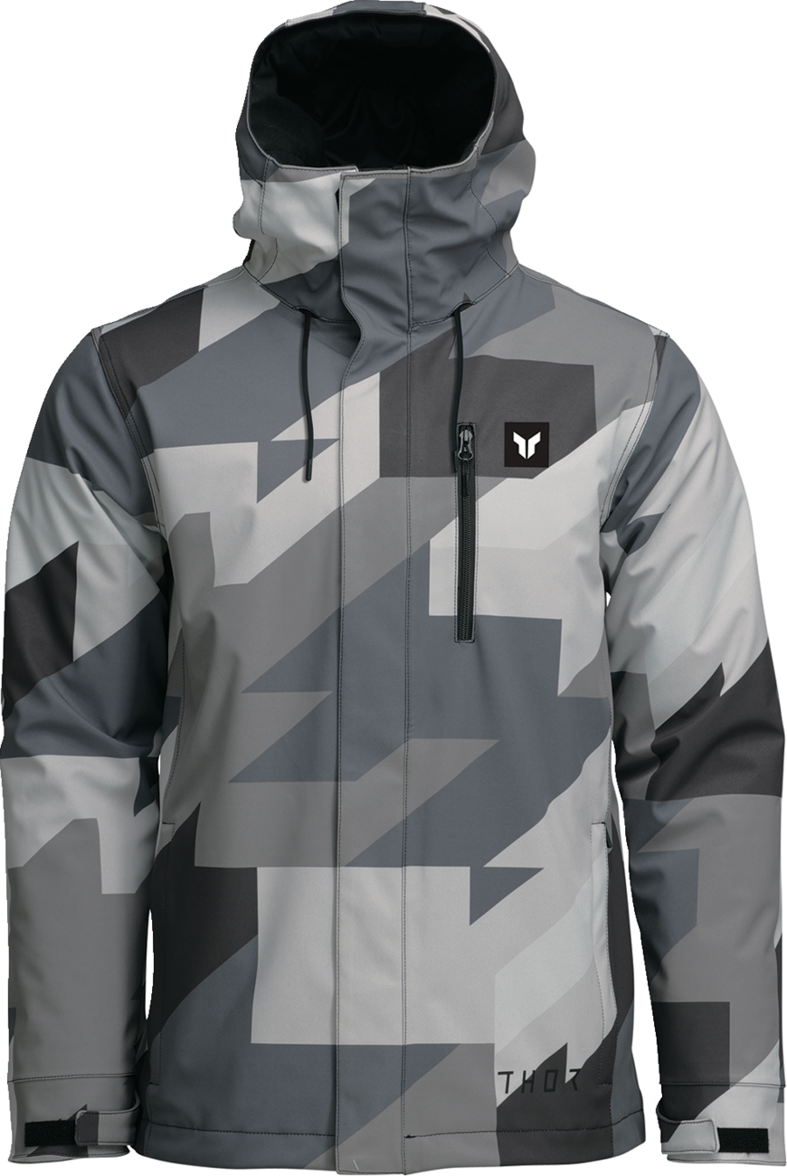 THOR Brave Tour Motorcycle Jacket in gray and black camouflage, insulated waterproof gear, size XL, designed for riding comfort.