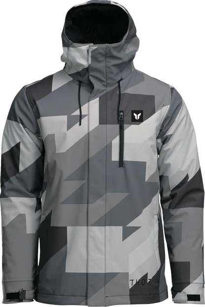 THOR Brave Tour Motorcycle Jacket in gray and black camouflage, insulated waterproof gear, size XL, designed for riding comfort.