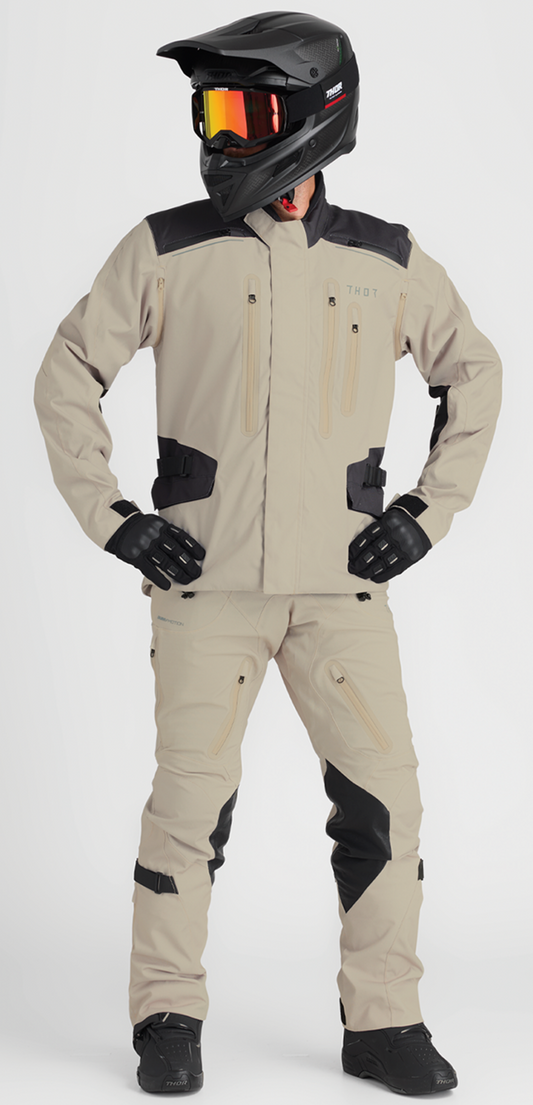 Sand-colored THOR Range Jacket in XL, waterproof and breathable motorcycle outerwear with RHEON® protection, shown on a model.
