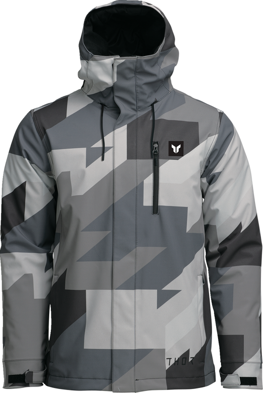 THOR Brave Tour jacket in gray and black camouflage, medium size, featuring a rugged motorcycle jacket design with protective elements.