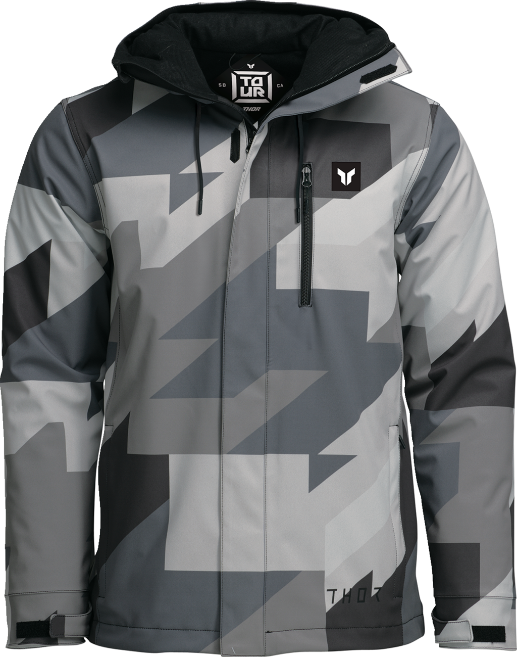 THOR Brave Tour motorcycle jacket in gray and black camo, insulated and waterproof, size XL, designed for riding protection and comfort.