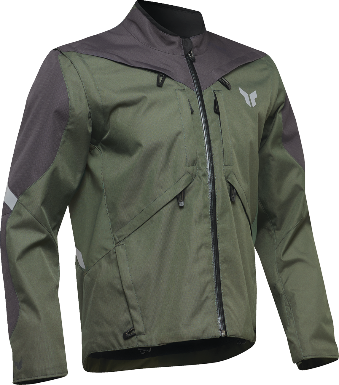 THOR Terrain Army/Charcoal XL waterproof riding jacket with ventilation, durable fabric, and multiple storage pockets.