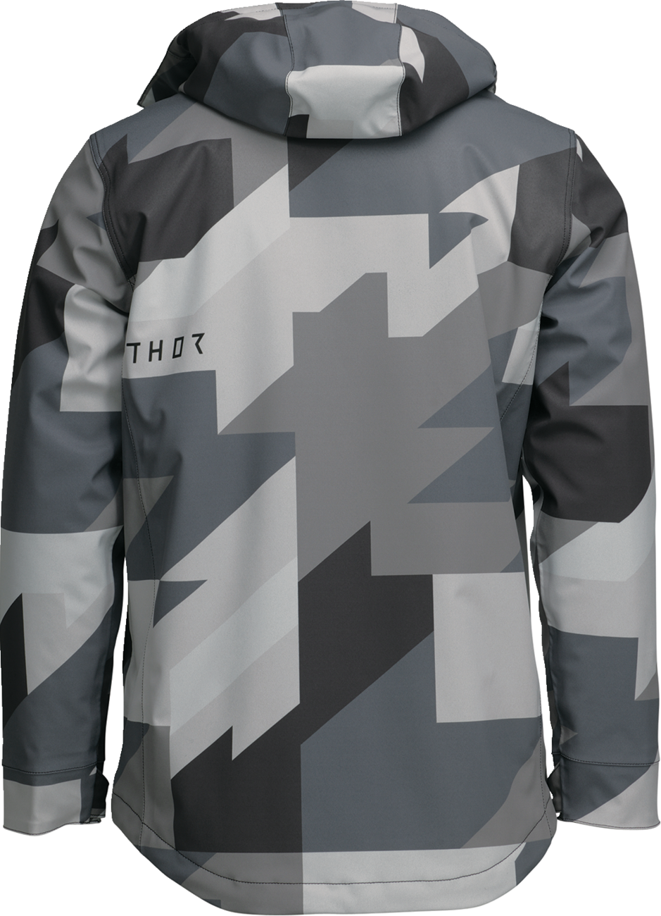 THOR Brave Tour Jacket in gray and black camo, insulated waterproof motorcycle gear, size XL, with front zipper and protective design.