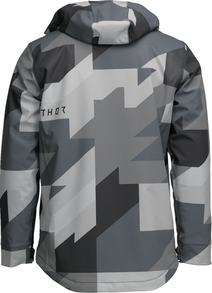 THOR Brave Tour Jacket in gray and black camo, insulated waterproof motorcycle gear, size XL, with front zipper and protective design.