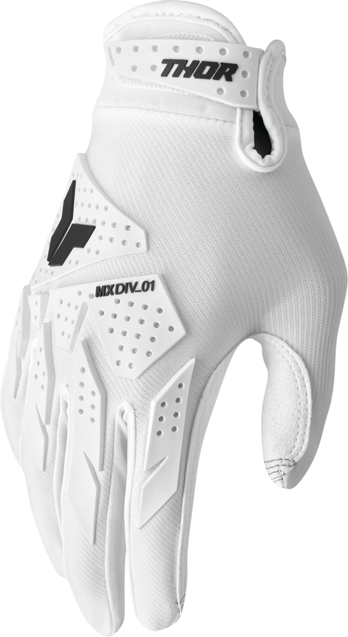 White THOR Launchmode XP gloves in size XS with reinforced palms, designed for motocross safety and grip.