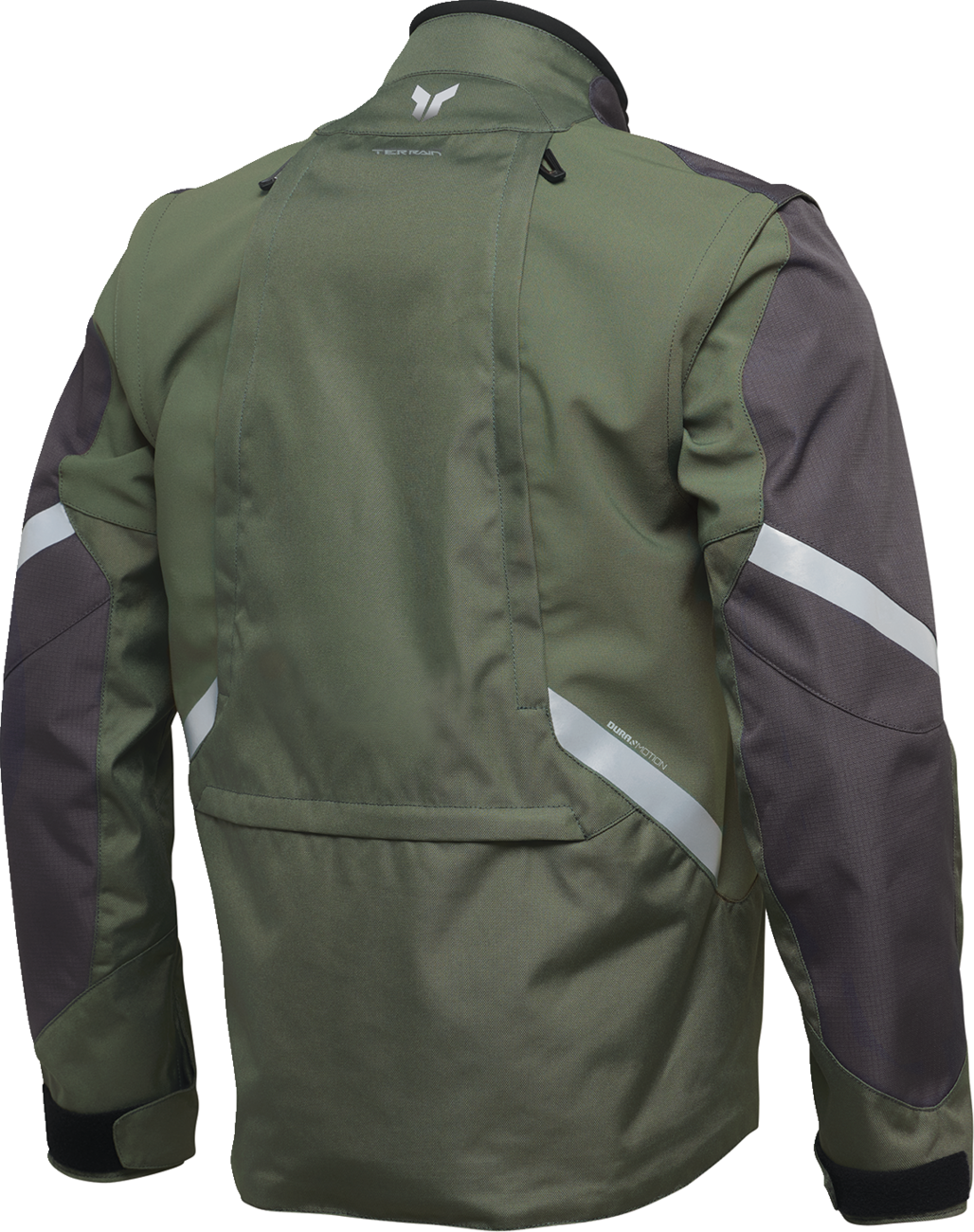 THOR Terrain Army/Charcoal XL waterproof riding jacket with ventilation and multiple storage pockets, designed for durable outdoor use.