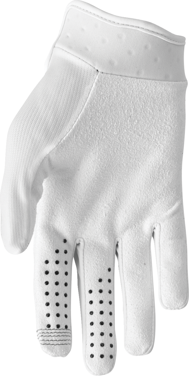 White THOR Launchmode XP gloves in size XS with adjustable wrist straps and reinforced palms for motocross riding.