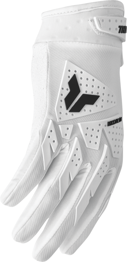 White THOR Launchmode XP gloves in size XS with reinforced palms and adjustable wrist closure, designed for motocross riding.