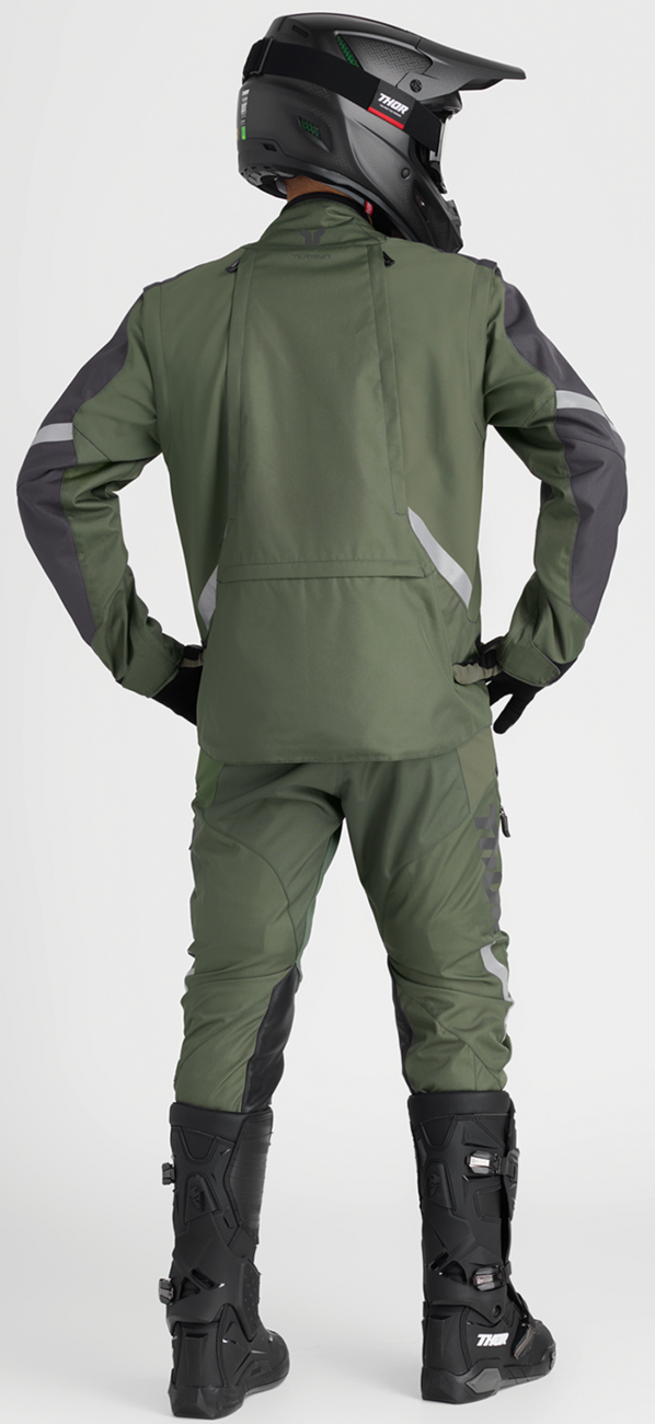 THOR Terrain Jacket in army and charcoal colors, medium size, featuring rugged outdoor design with multiple pockets and durable fabric.