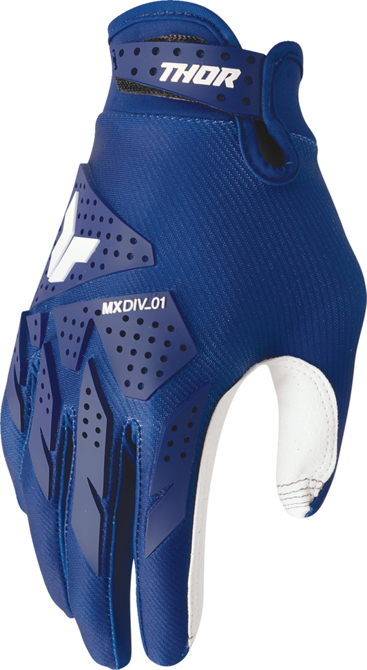 THOR Launchmode XP gloves in navy, medium size, featuring durable construction and secure wrist closure for motorcycle riding.