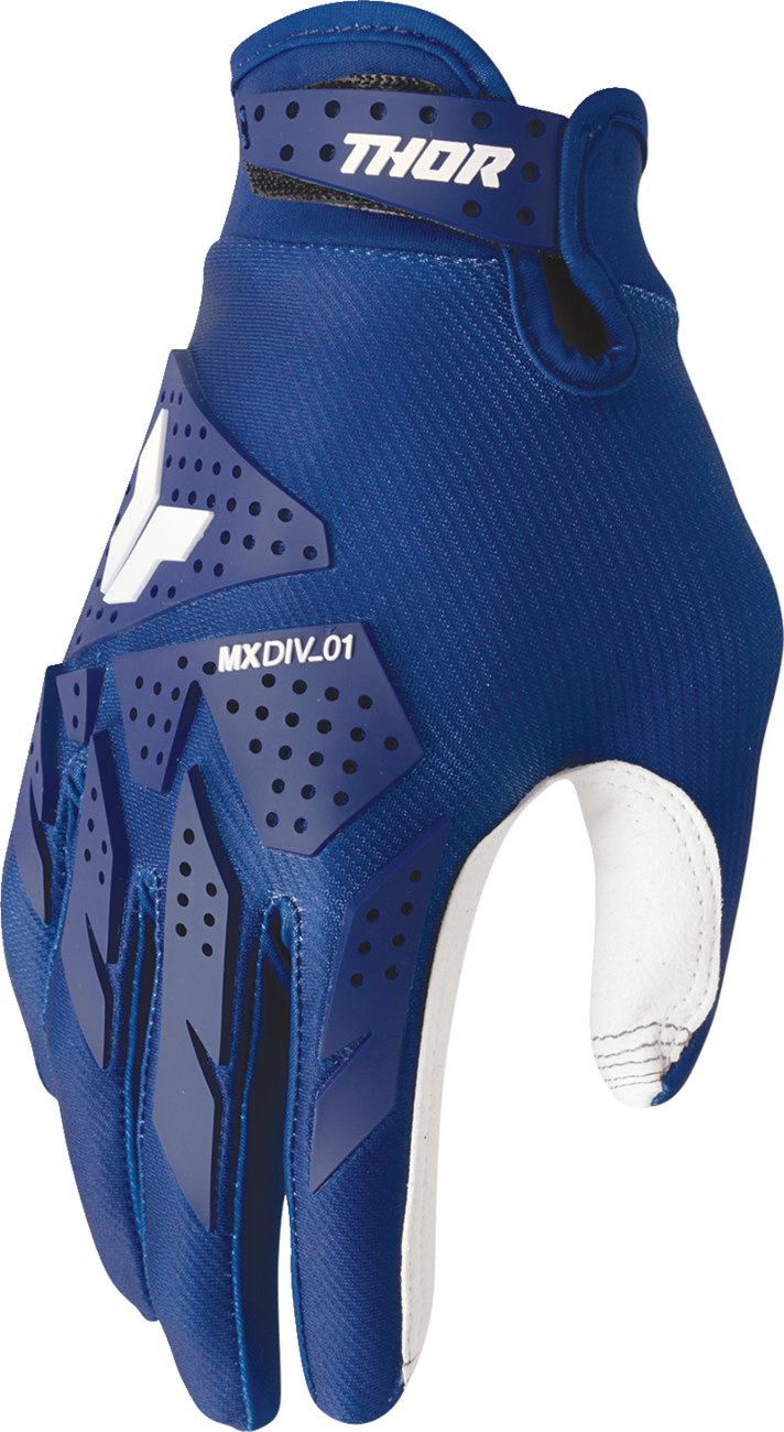 Navy THOR Launchmode XP gloves in size 2XL with reinforced palms and adjustable wrist closure, designed for motorcycle riding.