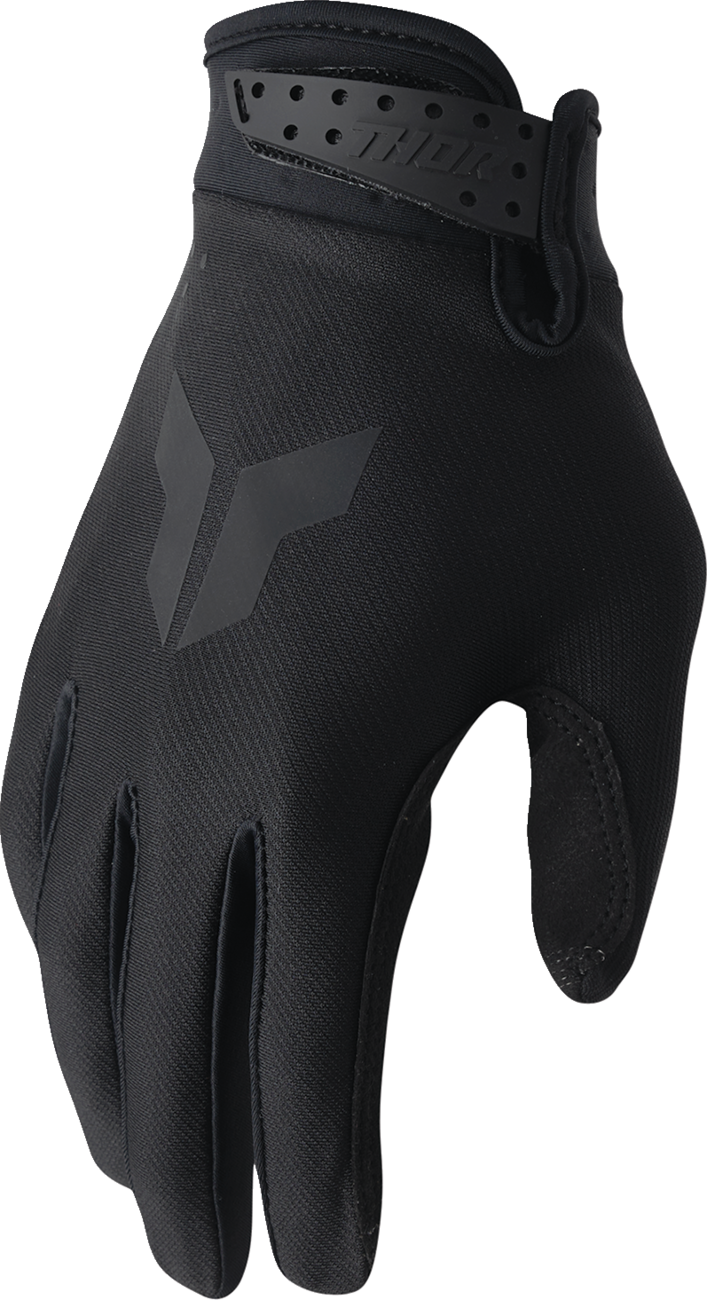 Black THOR Launchmode gloves in small size with reinforced palms and adjustable wrist closure, designed for motocross riding.