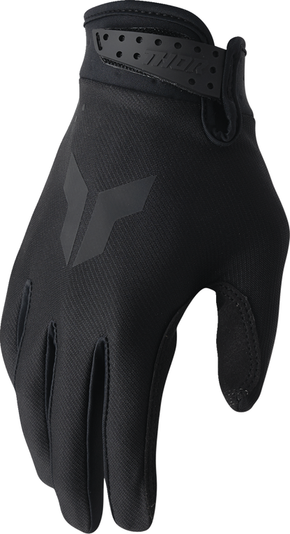 Black THOR Launchmode gloves in small size with reinforced palms and adjustable wrist closure, designed for motocross riding.