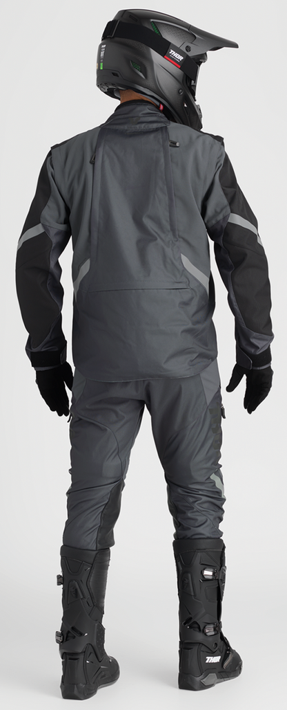 Close-up of THOR Terrain Jacket in charcoal color, showing the jacket's fabric and design details.