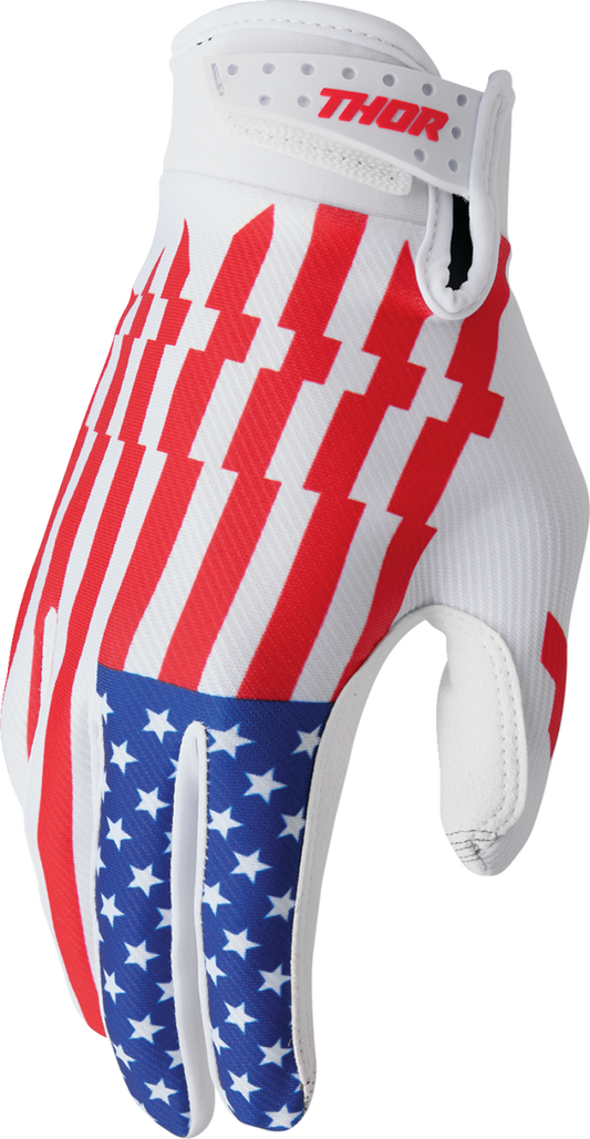 THOR Launchmode Patriot XL motorcycle gloves in black with reinforced palms and adjustable wrist straps, designed for durability and comfort.