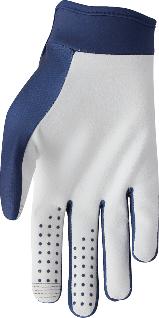 Navy THOR Launchmode gloves in large size with reinforced palms and adjustable wrist straps, designed for motorcycle riding.