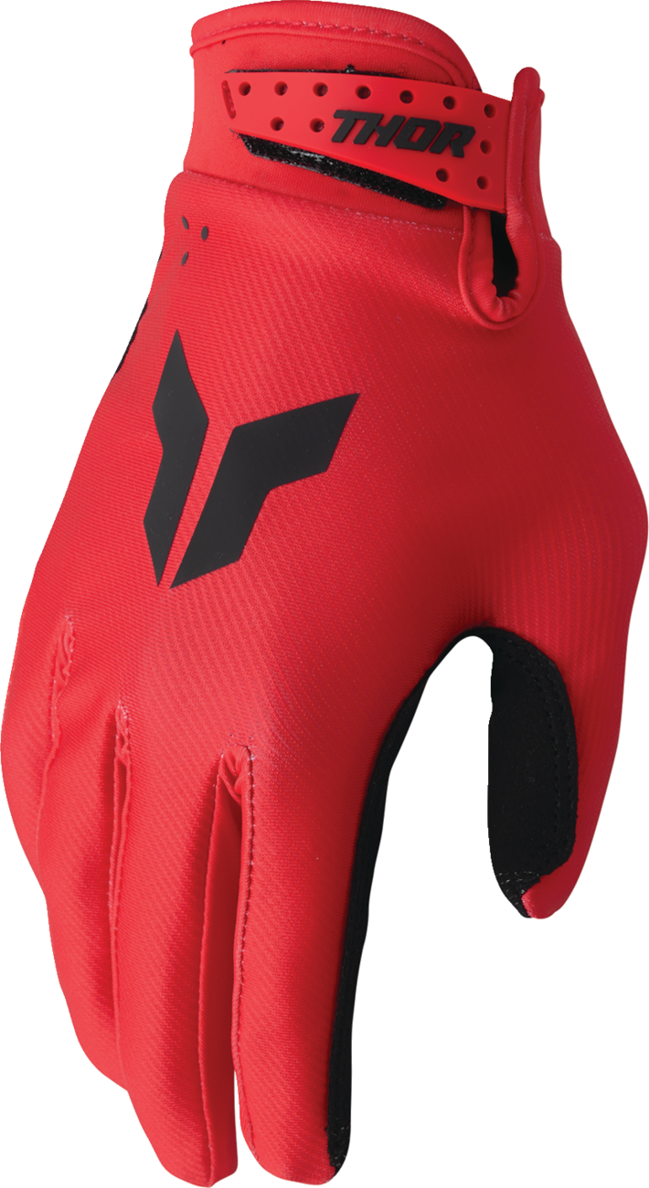 Red THOR Launchmode gloves in size XS, motorcycle riding gloves with protective features and secure fit.