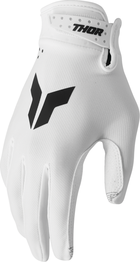White THOR Launchmode gloves in size medium with black accents, designed for motorcycle riding and protection.