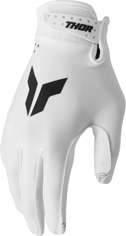 White THOR Launchmode gloves in large size with reinforced palms and adjustable wrist closures, designed for motorcycle riding.