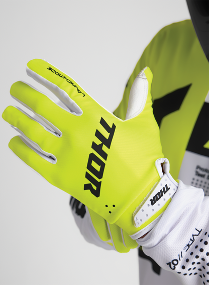 THOR Launchmode gloves in acid color, large size, showcasing durable motorcycle riding gloves with reinforced palms and adjustable cuffs.
