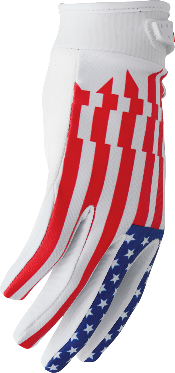 THOR Launchmode Patriot gloves in 2XL size with reinforced palms and adjustable wrist strap, designed for motorcycle riding.