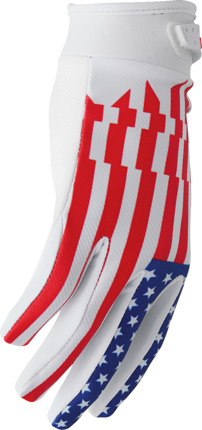 THOR Launchmode Patriot gloves in 2XL size with reinforced palms and adjustable wrist strap, designed for motorcycle riding.