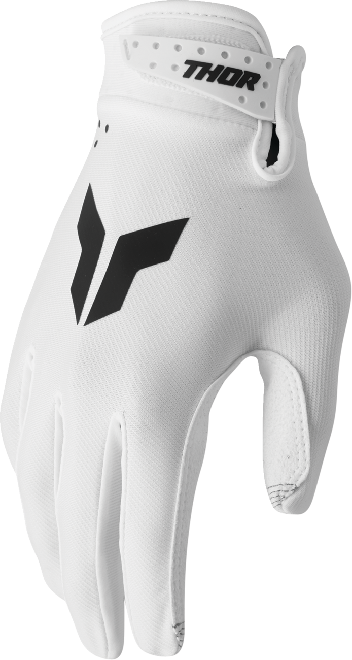White THOR Launchmode gloves in size XL with padded palms and adjustable straps, designed for motorcycle riding.