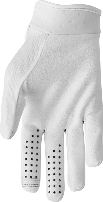 White THOR Launchmode gloves in medium size, featuring reinforced palms and secure wrist closures for motocross riding.