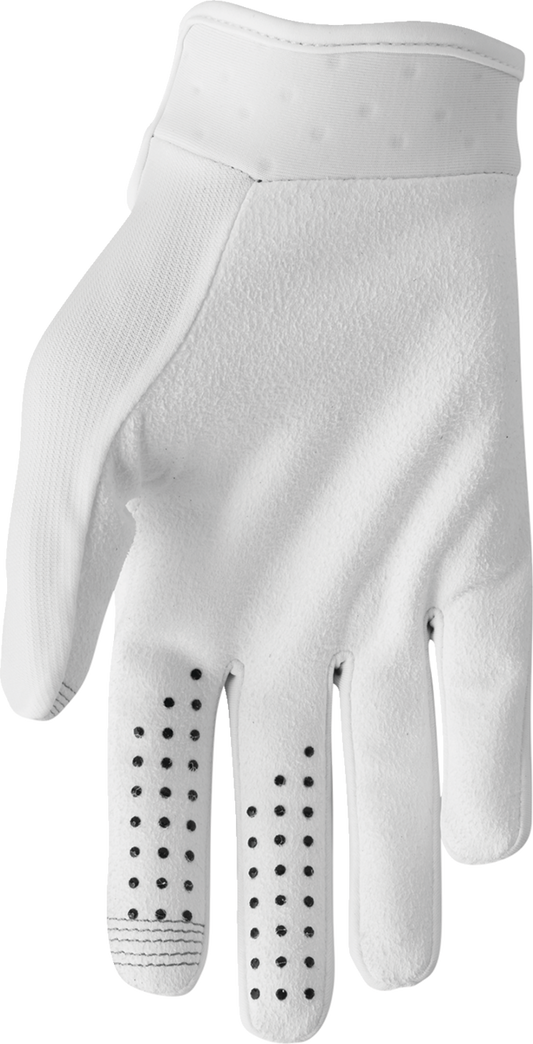 White THOR Launchmode gloves in XS size, featuring durable design and secure fit, shown in a close-up image.
