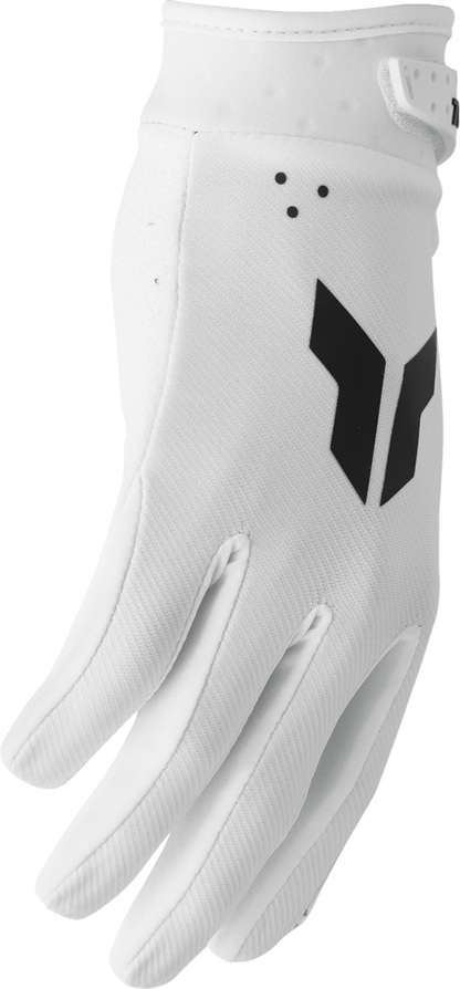 White THOR Launchmode gloves in large size with protective features, designed for motocross and off-road riding.