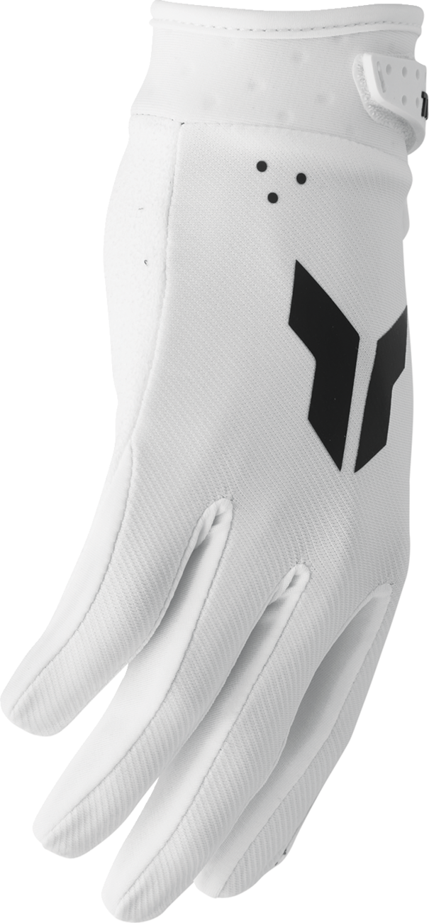 White THOR Launchmode gloves in medium size, featuring durable construction and adjustable straps for motocross riding.