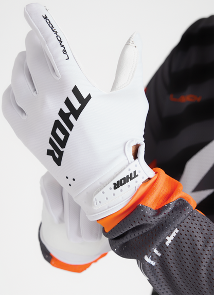 White THOR Launchmode gloves in size XL, showing the durable motorcycle gloves with reinforced palms and adjustable wrist straps.