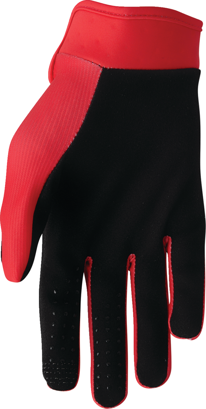 Red THOR Launchmode gloves in size XS with reinforced palms and secure wrist closures, designed for motocross riding.