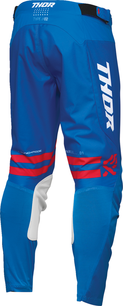 THOR Launchmode Patriot motorcycle pants in red, white, and blue with US 38 size, durable race-ready riding gear.