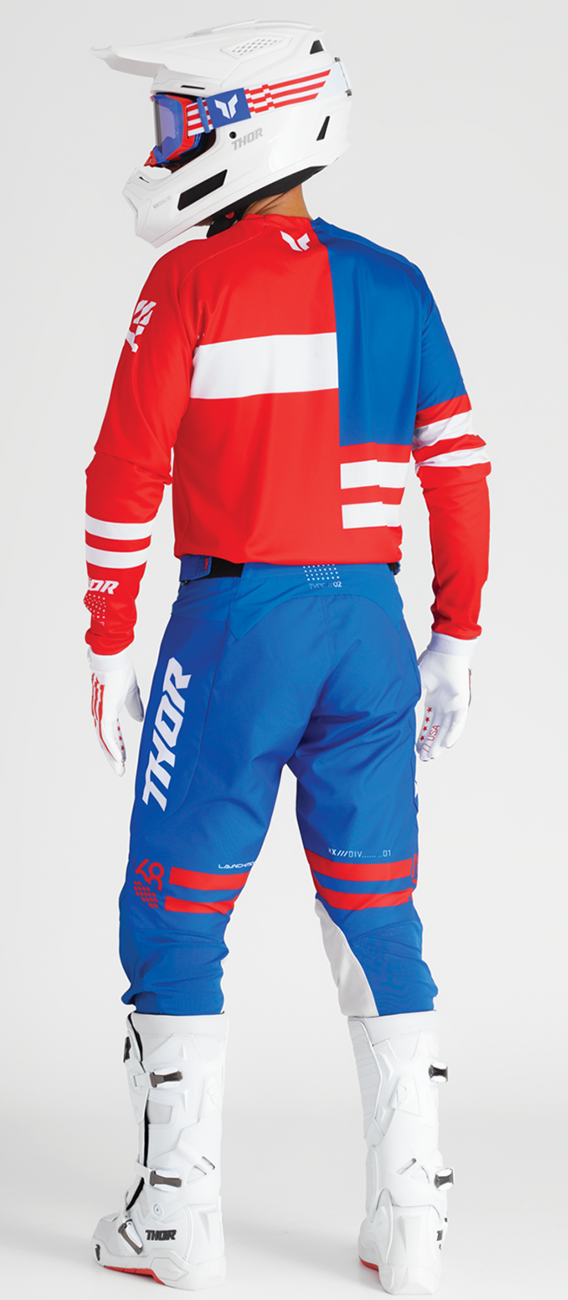 THOR Launchmode Patriot motorcycle pants in red, white, and blue with durable race-ready design, US size 38.
