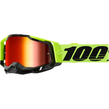 Bill's Exhausts Racecraft 2 goggles in neon yellow with red mirror lenses, featuring a sleek design for motocross or racing.